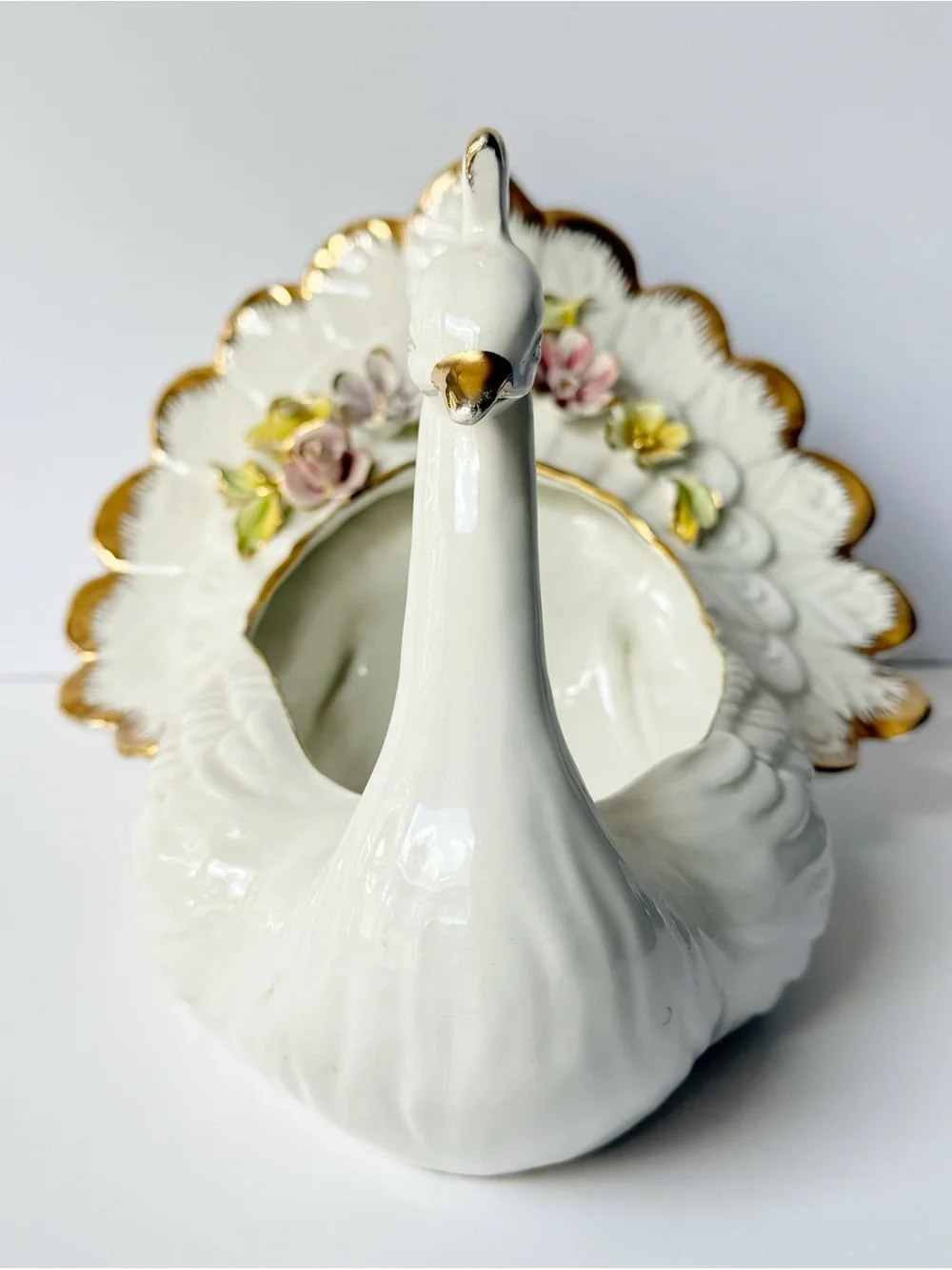 Vintage Capodimonte Peacock Bird Swan Floral Gilt Large Porcelain Planter Vase
